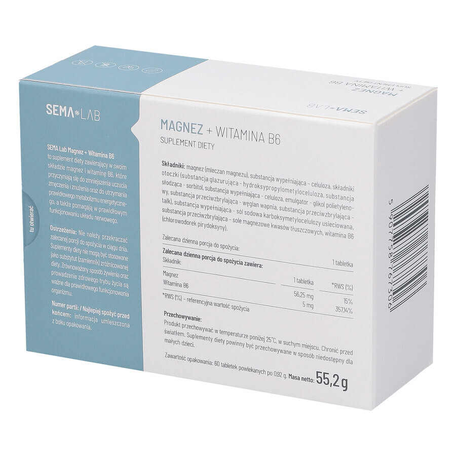 SEMA Lab Magnesium + Vitamine B6, 60 filmomhulde tabletten