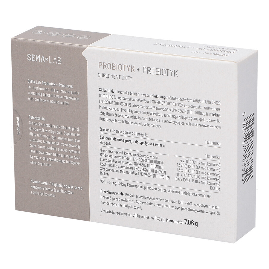 SEMA Lab Probiotique + Prébiotique, 20 gélules à libération retardée