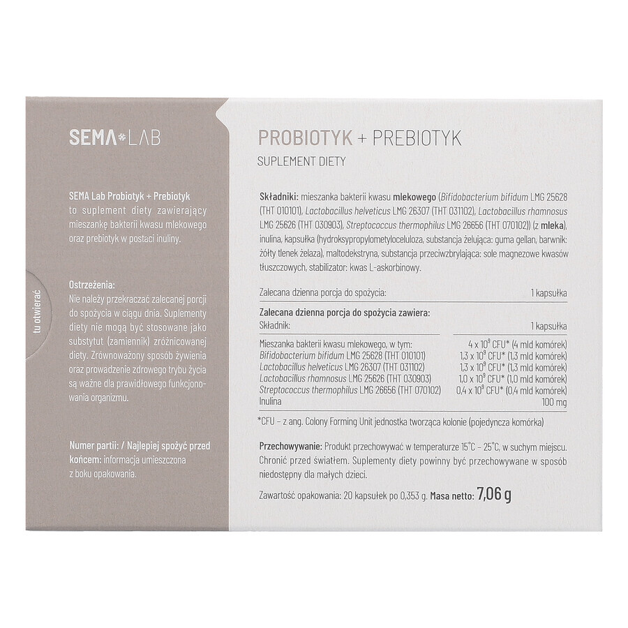 SEMA Lab Probiotic + Prebiotic, 20 capsules met vertraagde afgifte