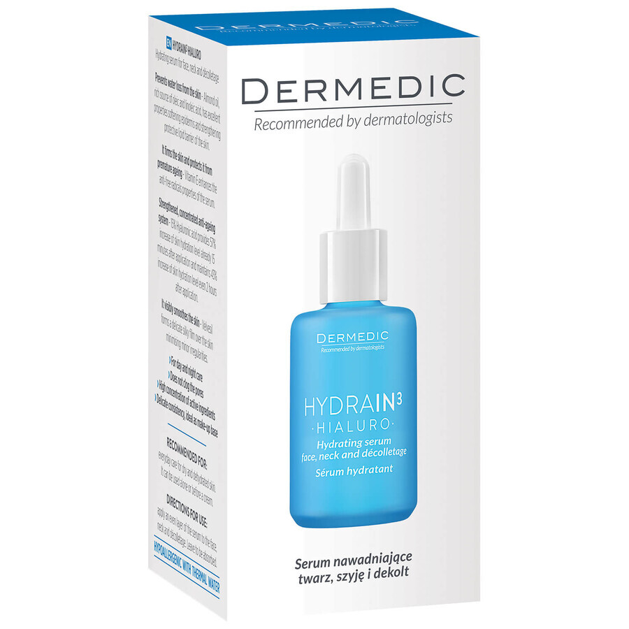 Dermedic Hydrain 3 Hialuro, moisturizing serum for face, neck and décolletage, dehydrated and dry skin, 30 ml