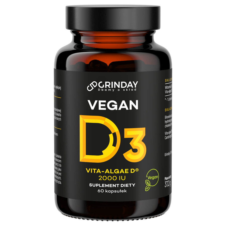 Grinday Vegan D3, veganistische vitamine D3 2000 IE, 60 capsules