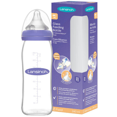 Lansinoh, biberón de vidrio de flujo medio con tetina NaturalWave, 240 ml