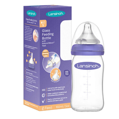 Lansinoh, glazen fles met NaturalWave-speen met trage doorstroming, 160 ml