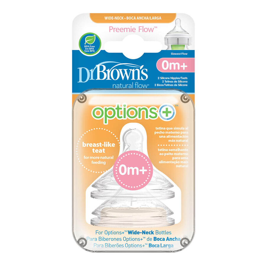 Dr Brown's, Options+ tétine de biberon à col large, niveau prématuré, pour les bébés prématurés, 2 pièces