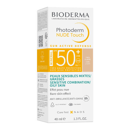 Bioderma Photoderm Nude Touch, minerale foundation met nude effect, tint zeer licht, SPF 50+, 40 ml