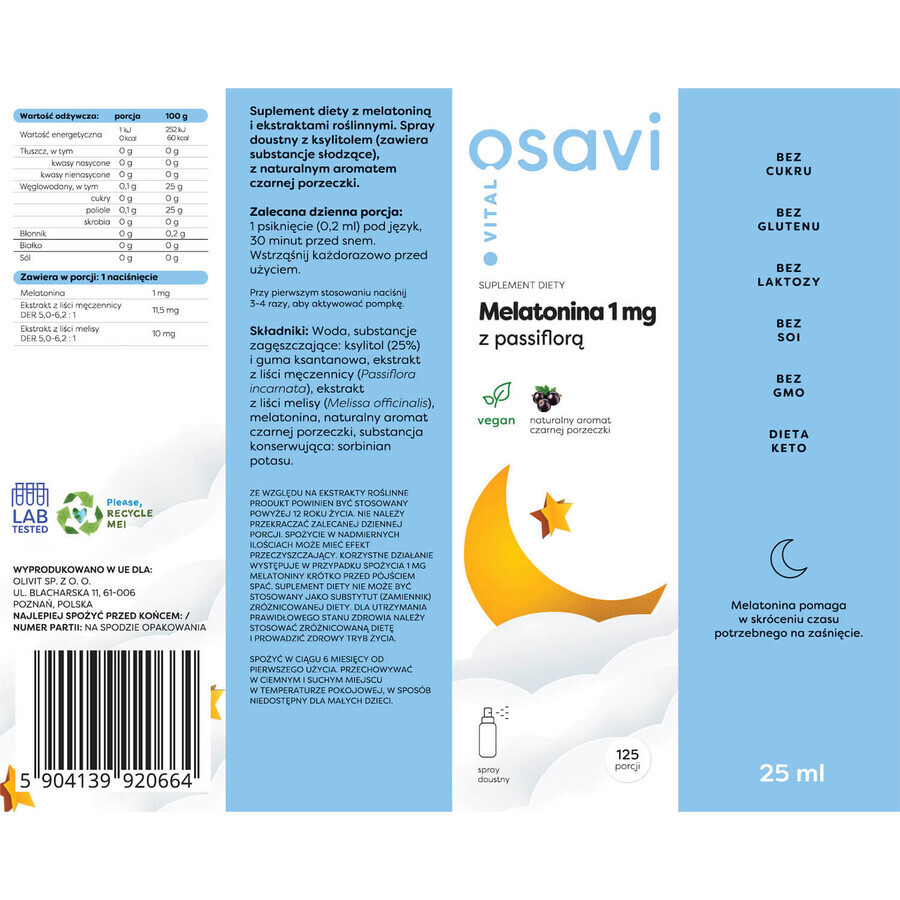 Osavi Vital Melatonin 1 mg with Passiflora, oral spray, black currant flavor, 25 ml