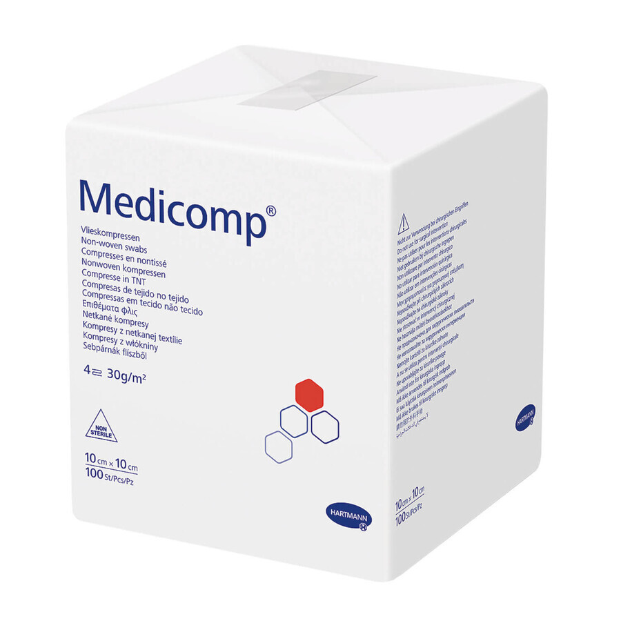 Medicomp pads, non-sterile, non-woven, 4 layers, 30 g/m2, 10 cm x 10 cm, 100 pieces