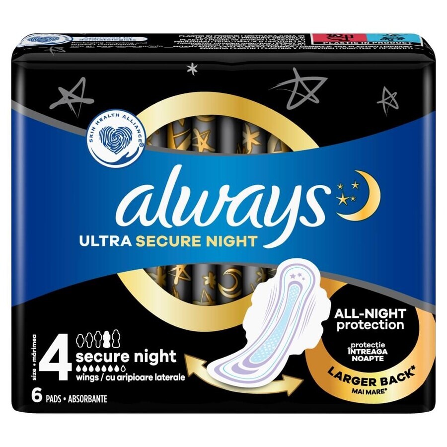 Always Ultra Secure Night, maandverband met vleugels, maat 4, 6 stuks