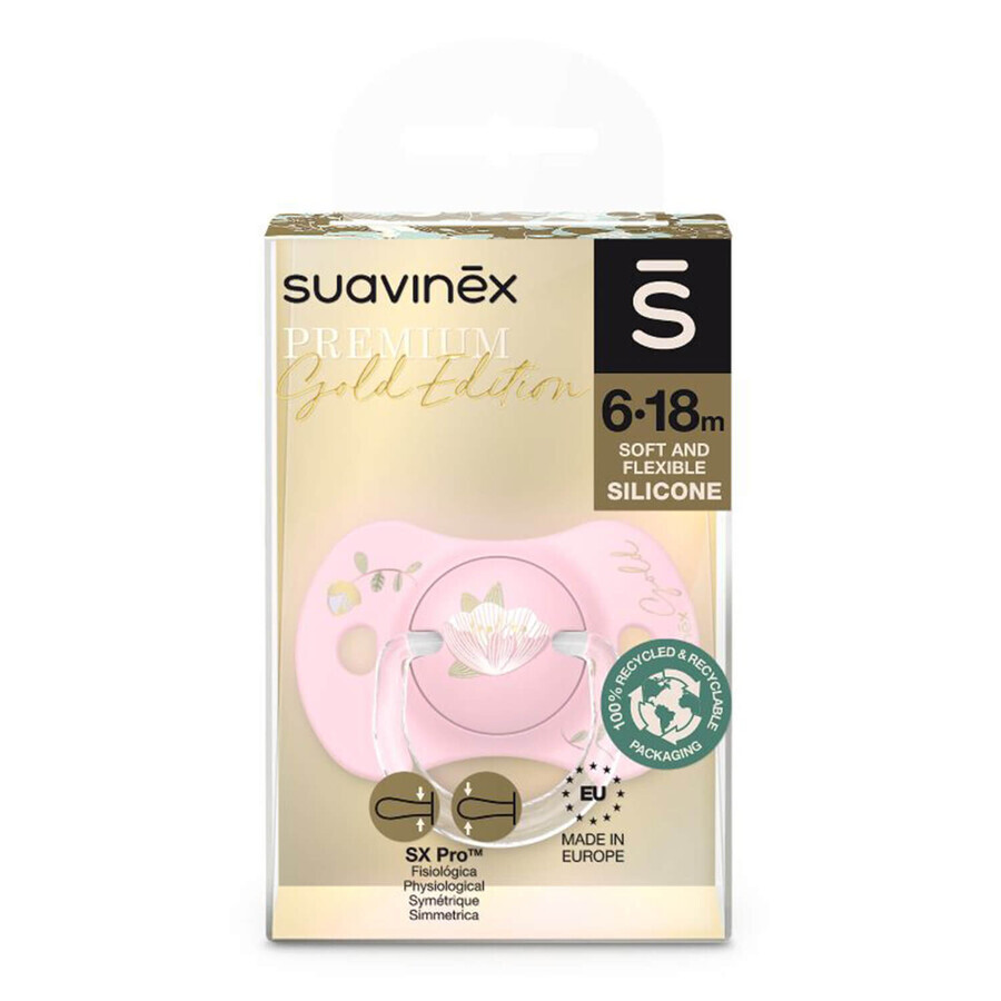 Suavinex SX Pro Gold Edition, fopspeen, siliconen, fysiologisch, roze, 6-18 maanden, 1 stuk