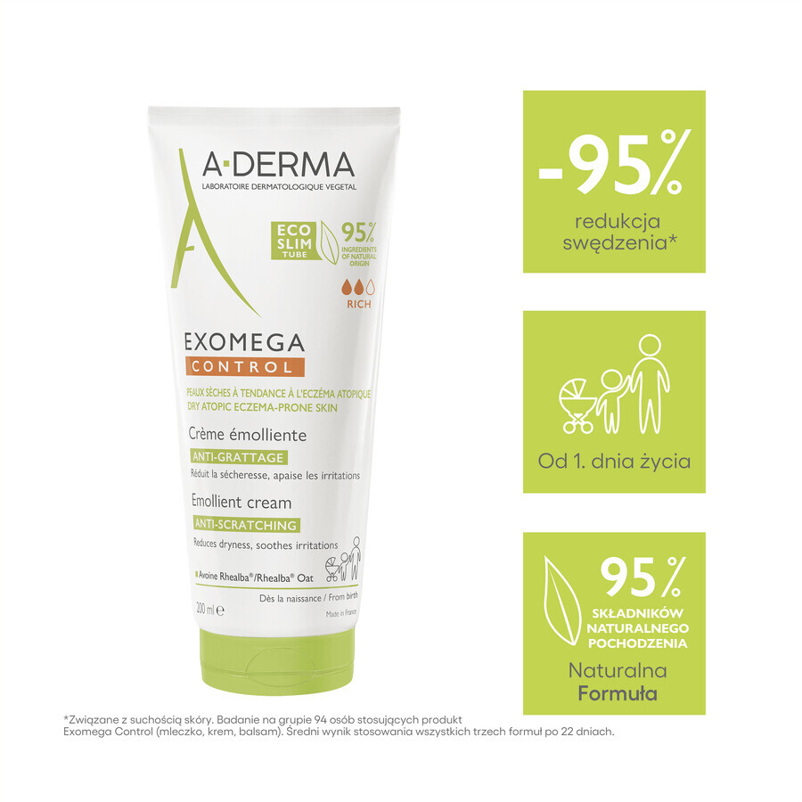 A-Derma Exomega Control, verzachtende crème, droge en atopische huid, vanaf dag 1, 200 ml