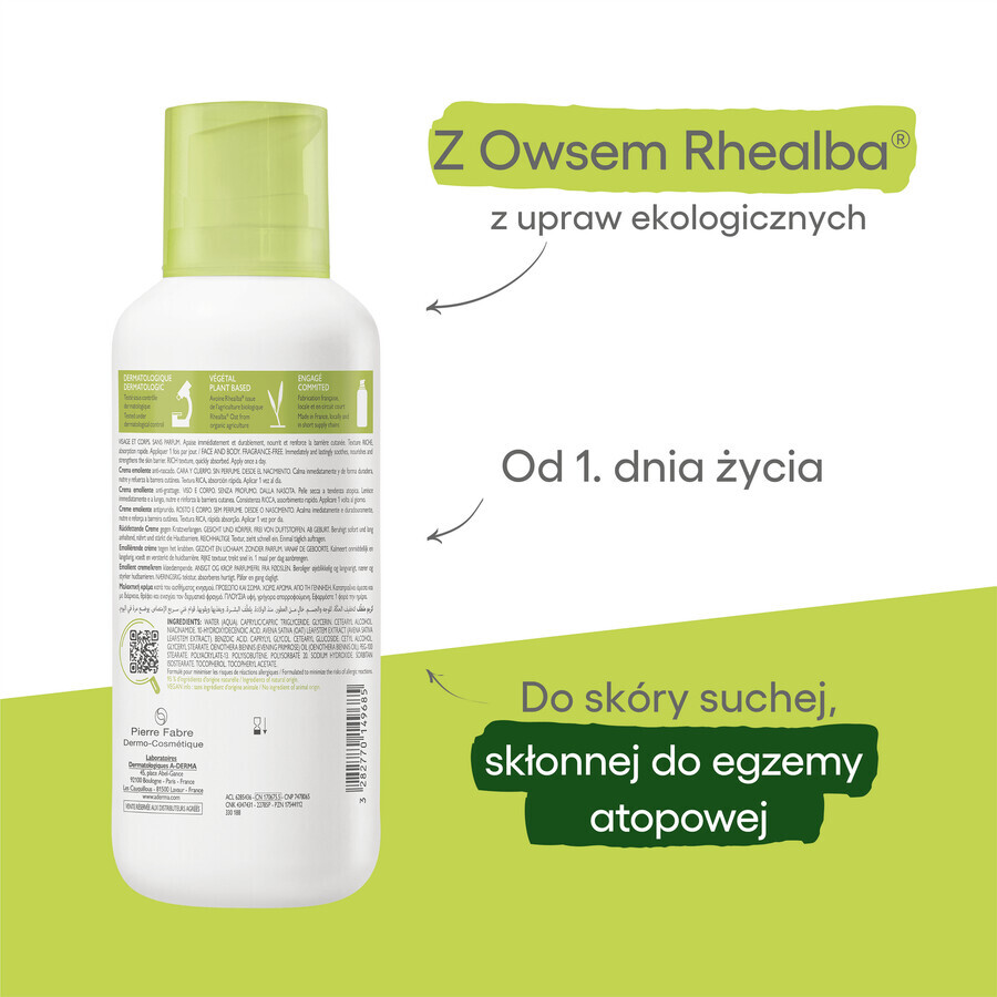 A-Derma Exomega Control, verzachtende crème, droge en atopische huid, vanaf dag 1, 400 ml