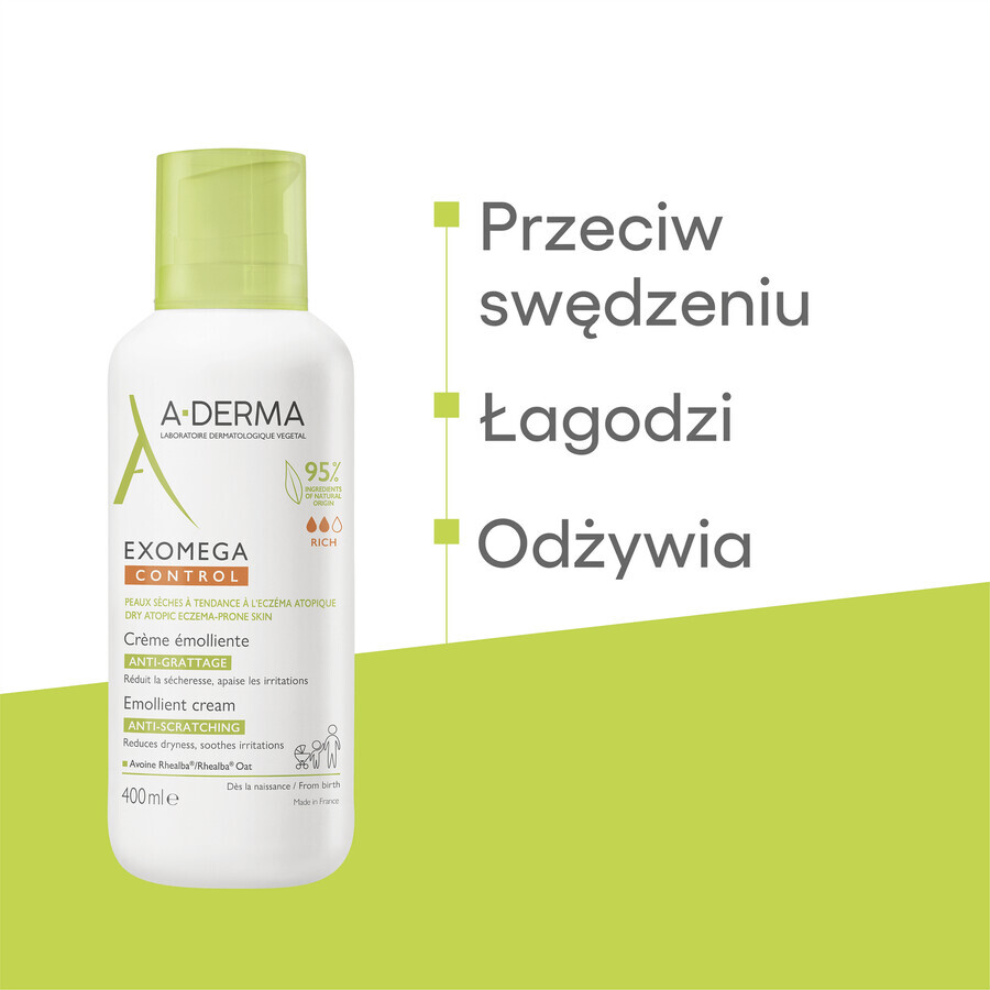 A-Derma Exomega Control, verzachtende crème, droge en atopische huid, vanaf dag 1, 400 ml