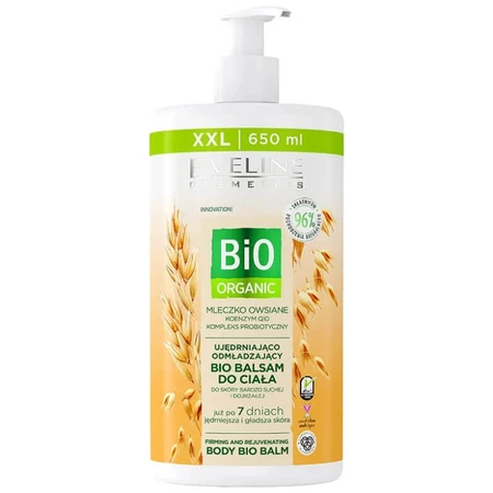 Eveline Cosmetics Bio Bálsamo corporal reafirmante y rejuvenecedor orgánico, leche de avena, 650 ml