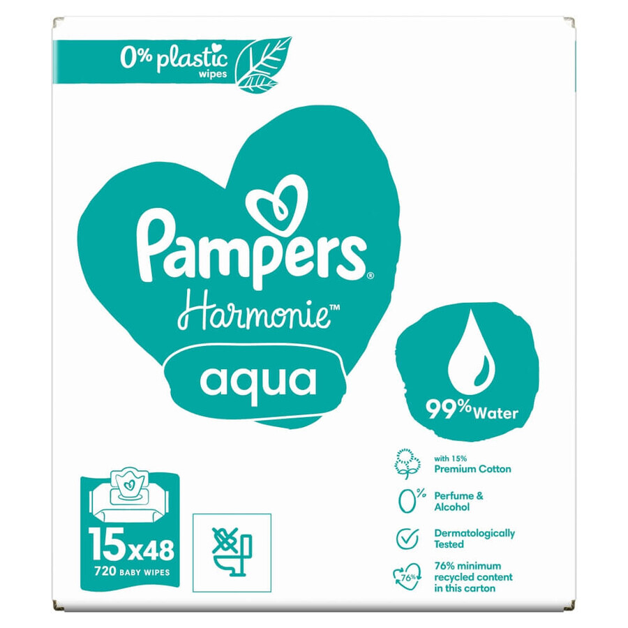 Pampers Harmonie Aqua, vochtige doekjes, 15 x 48 stuks