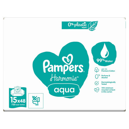 Pampers Harmonie Aqua, vochtige doekjes, 15 x 48 stuks