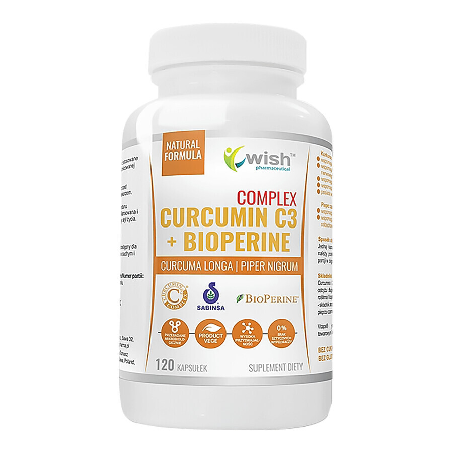 Wish Curcumin C3 + Bioperine Complex, Curcumin und Piperin, 120 Kapseln