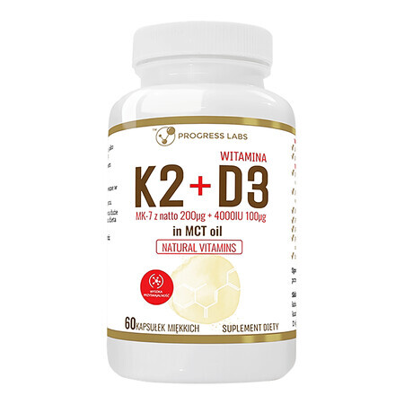 Progress Labs Vitamine K2 MK-7 uit natto 200 μg + D3 4000 IU 100 μg in MCT-olie, 60 capsules