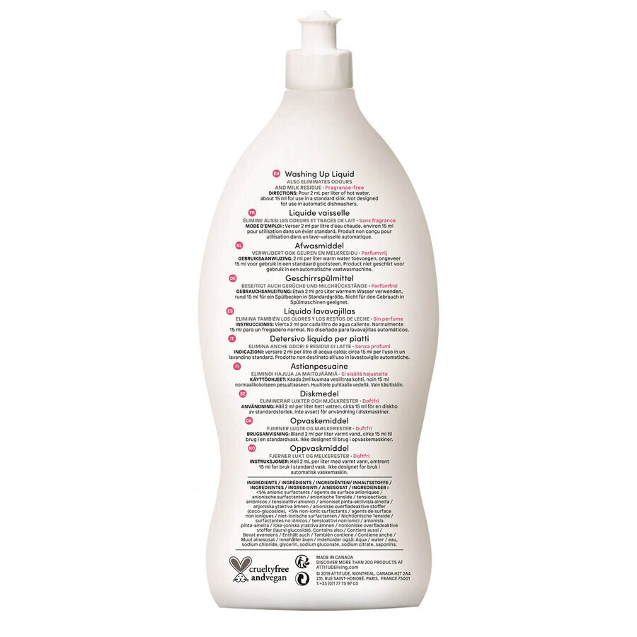 Attitude, vloeistof voor het wassen van babyflesjes en accessoires, geurvrij, 700 ml