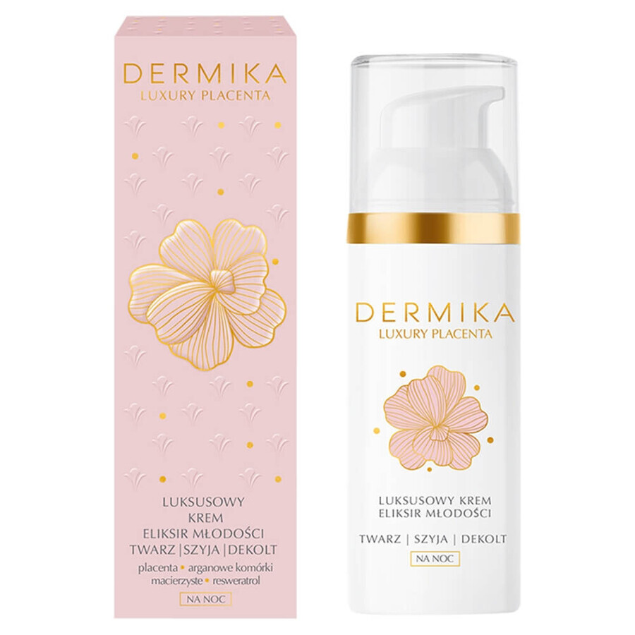 Dermika Luxury Placenta, lujosa crema-elixir de juventud para rostro, cuello y escote, de noche, 50 ml