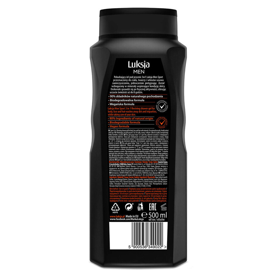 Luxja Men Sport, stimulerende 3-in-1 douchegel, mineralencomplex, 500 ml