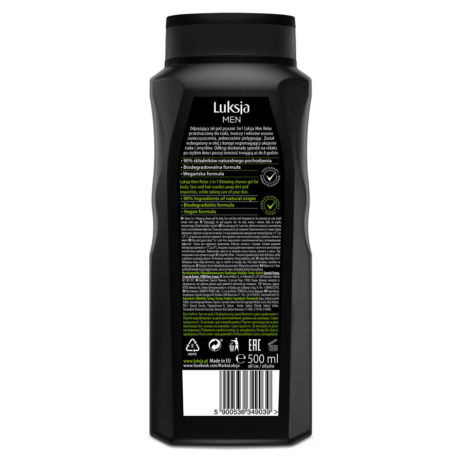 Luxja Men Relax, ontspannende 3-in-1 douchegel, hennepolie, 500 ml