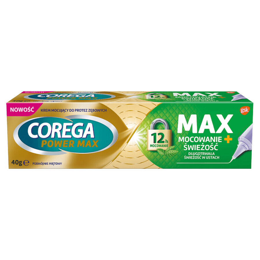 Corega Power Max Fixation + Freshness, bevestigingscrème voor kunstgebitten, dubbele munt, 40 g