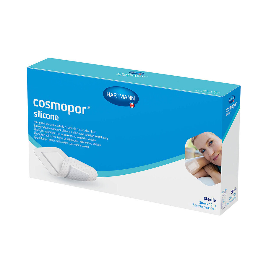 Cosmopor silicone, absorbent dressing, self-adhesive, sterile, with silicone contact layer, 20 cm x 10 cm, 5 pcs