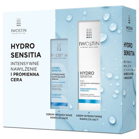 Iwostin Hydro Sensitia set, intensief hydraterende crème, zeer droge en gevoelige huid, SPF 15, 50 ml + intensief hydraterend serum, alle huidtypes, 30 ml