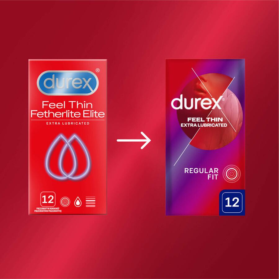 Durex Fetherlite Elite, condooms met meer glijmiddel, dunner, 12 stuks