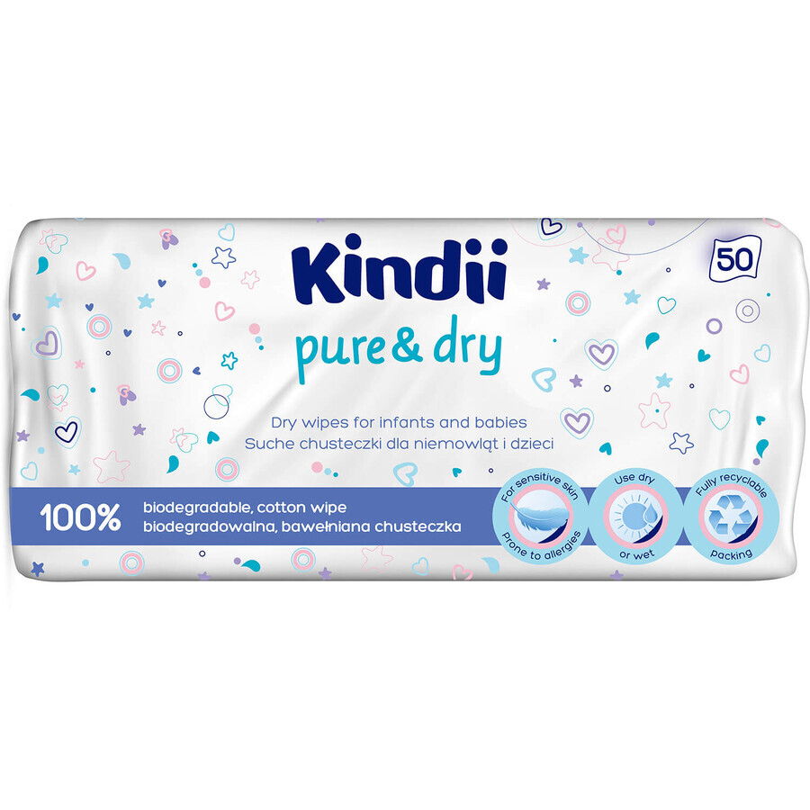 Kindii Pure&amp;Dry, droge baby- en kinderdoekjes, biologisch afbreekbaar, 50 stuks