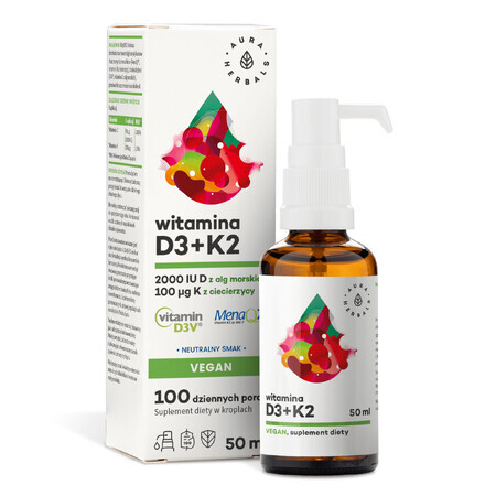 Aura Herbals Vitamina D3 2000 UI + K2 100 μg Vegan, picături, 50 ml