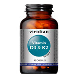 Viridian Vitamine D3 + K2 Vegan, vitamine D 1000 IE + vitamine K 45 µg, 90 capsules