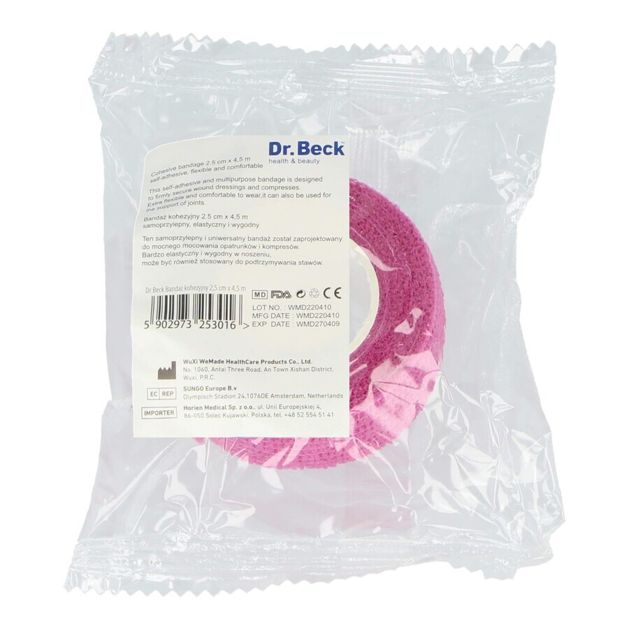 Dr Beck, Cohesief verband Non-Woven, non-woven, Roze, 2,5 cm x 4,5 m