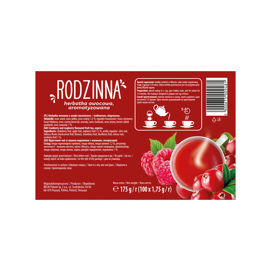 Rodzinna Żurawina z Maliną, vruchtenthee, gearomatiseerd, 1,75 g x 100 builtjes