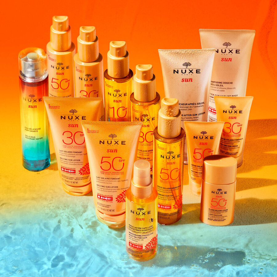 Nuxe Sun, loțiune bronzantă pentru față și corp, spray, SPF 50, 150 ml + gel de duș after-sun, 100 ml gratuit