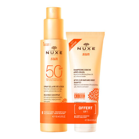 Nuxe Sun, loțiune bronzantă pentru față și corp, spray, SPF 50, 150 ml + gel de duș after-sun, 100 ml gratuit