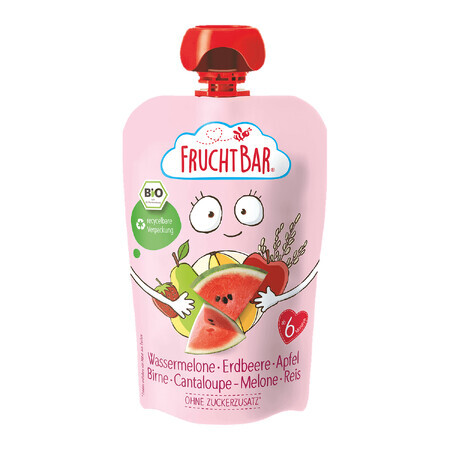 Fruchtbar Bio mousse de frutas con granos en tubo, sandía, fresa, manzana, pera, melón, arroz, después de 6 meses, 100 g