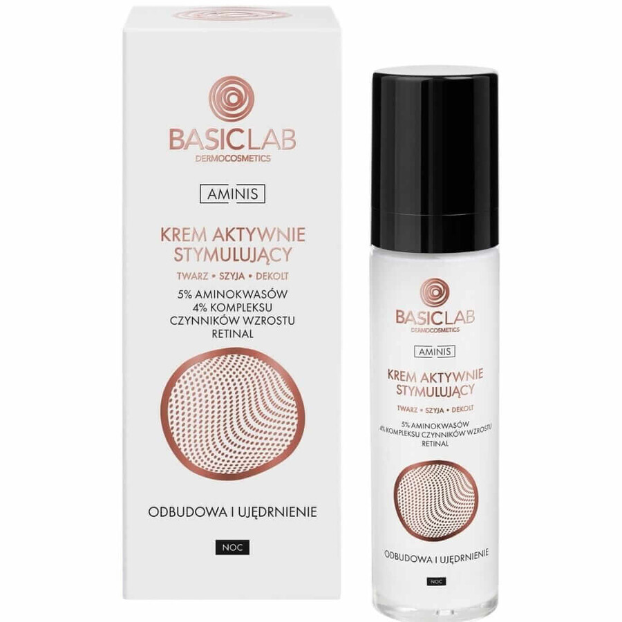 BasicLab Aminis, crema activa estimulante de noche para rostro, cuello y escote, con aminoácidos al 5%, reconstituyente y reafirmante, 50 ml