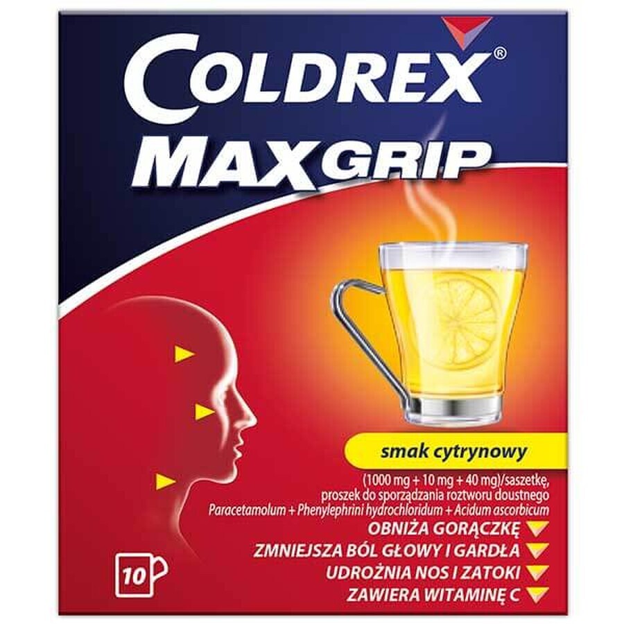 Coldrex MaxGrip 1000 mg + 10 mg + 40 mg, goût citron, 10 sachets