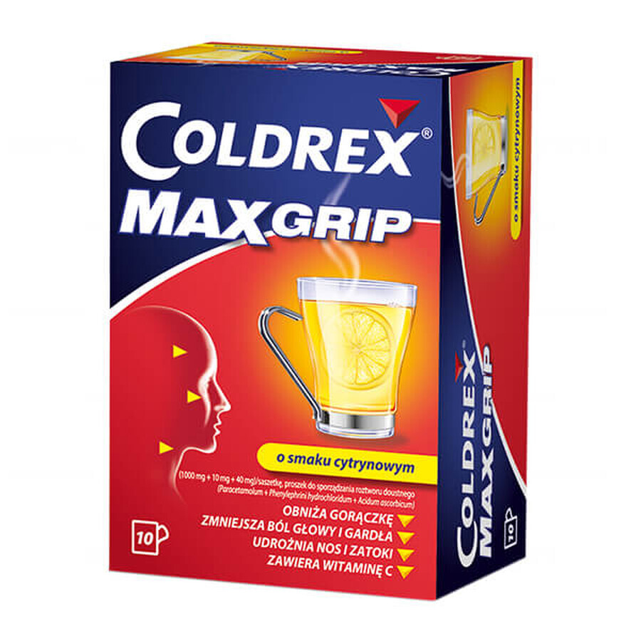 Coldrex MaxGrip 1000 mg + 10 mg + 40 mg, goût citron, 10 sachets