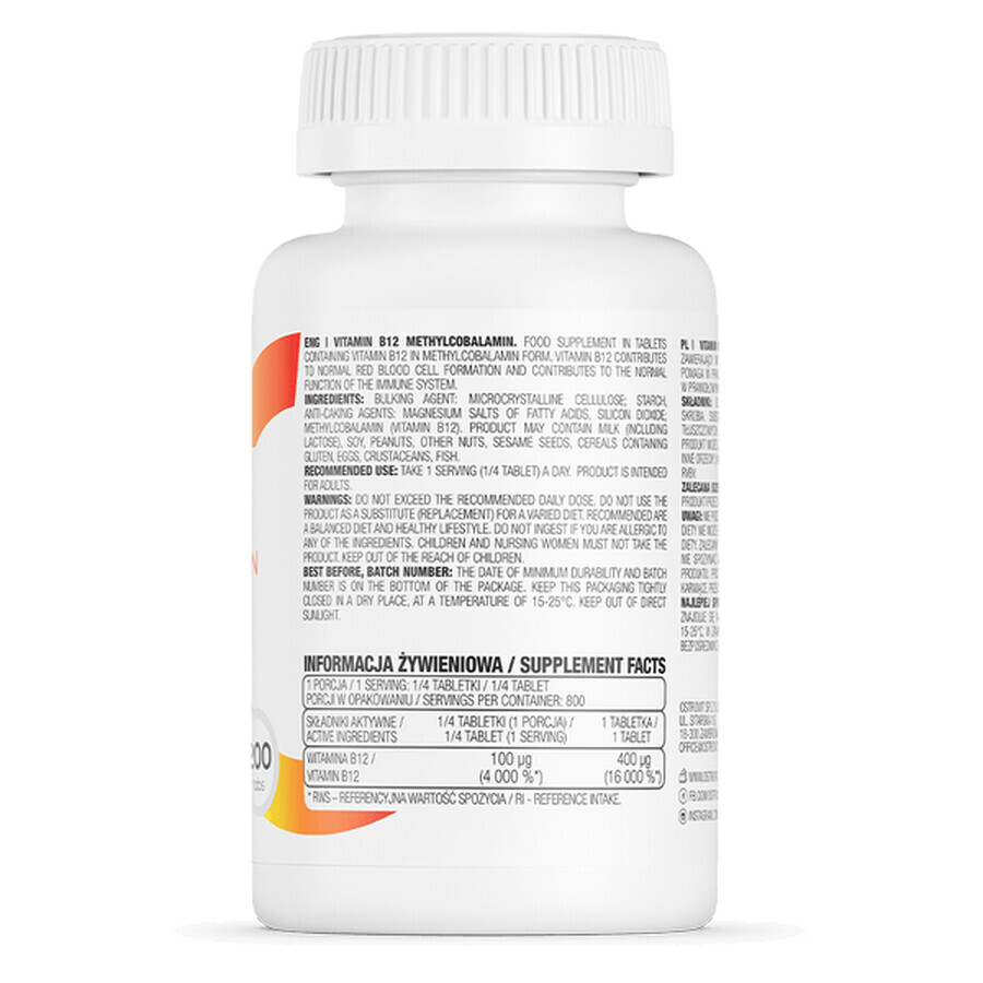 OstroVit Vitamin B12 Methylcobalamin, vitamin B12 400 µg, 200 tablets