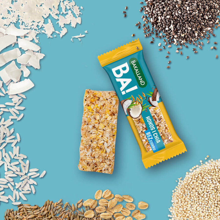 Bakaland BA! Cereal bar, 5 cereals and coconut with chia, no added sugar, 30 g