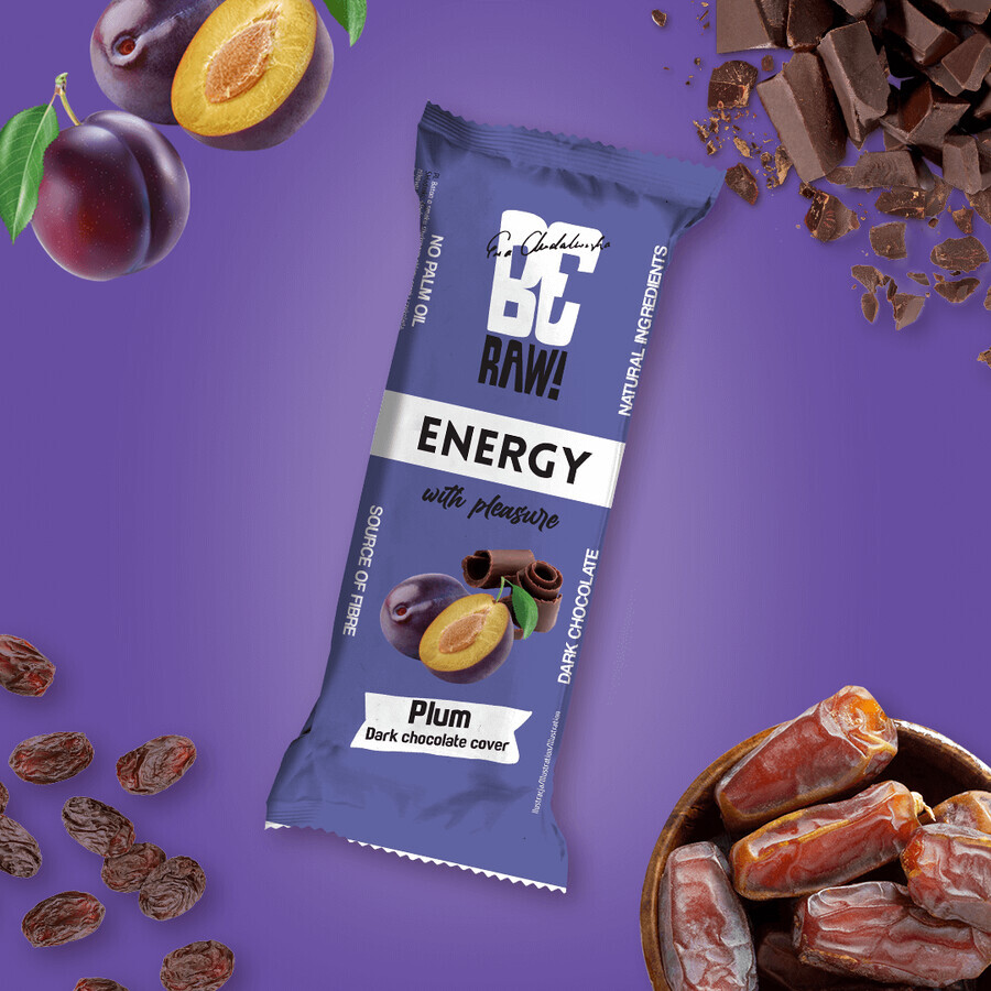 BeRAW! Energie, energiereep, pruim, pure chocolade, 40 g