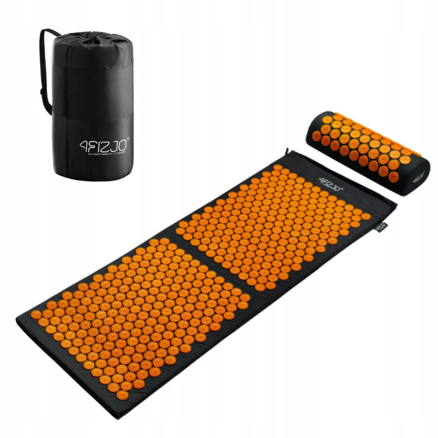 4Fizjo Acupressure Mat, Large Acupuncture Mat with Cushion, 110cm x 42cm, Black and Orange