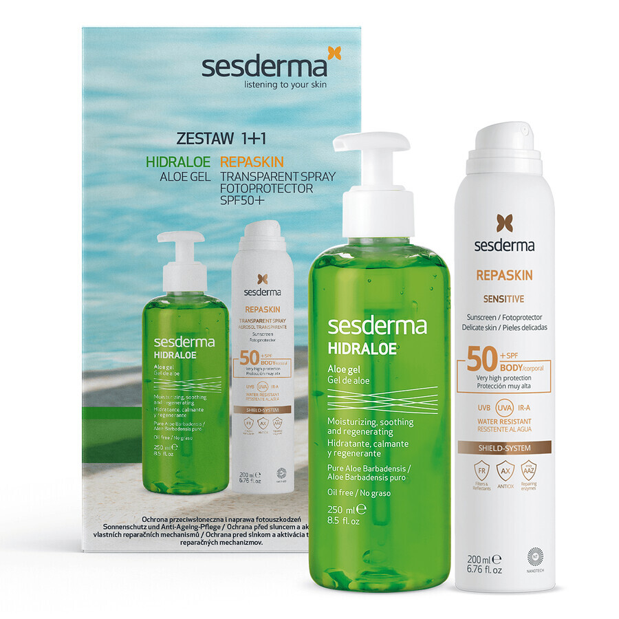 Sesderma Hidraloe set, lichaamsgel, aloë vera, 250 ml + Repaskin, zonnebrandspray voor het lichaam, SPF 50+, 200 ml