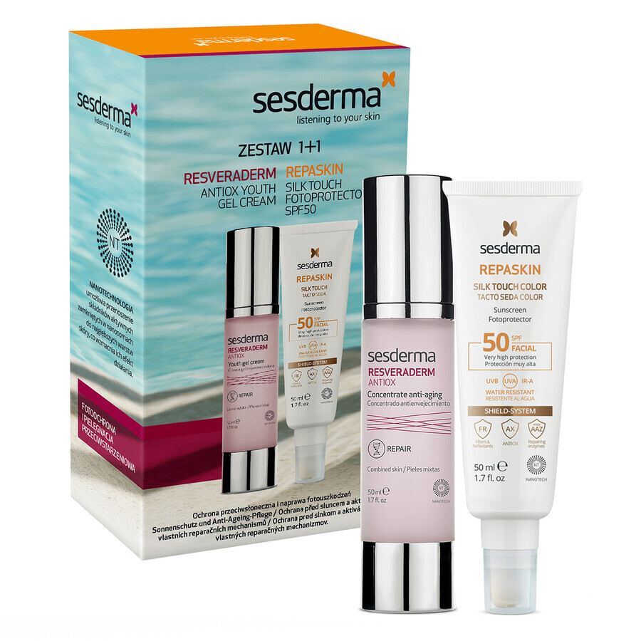 Sesderma Resveraderm Antiox set, gezichtscrème-gel, 50 ml + Repaskin Silk Touch Color, gezichtszonnebrandcrème, kleuring, SPF 50, 50 ml