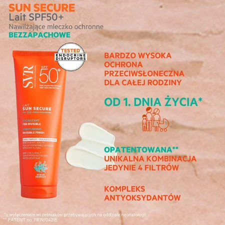 SVR Sun Secure, lapte protector hidratant, fără parfum, pentru întreaga familie, SPF 50+, 250 ml