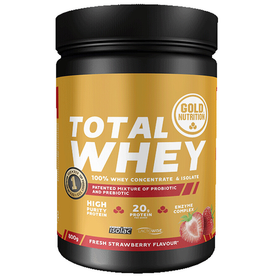 Total Whey proteïnepoeder met aardbeiensmaak, 800 g, Gold Nutrition