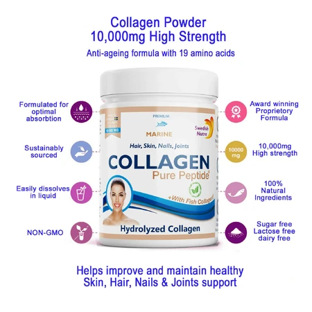 Poudre d'hydrolysat de collagène de poisson marin de type 1 et 3 10 000 mg, 300 g, Swedish Nutra