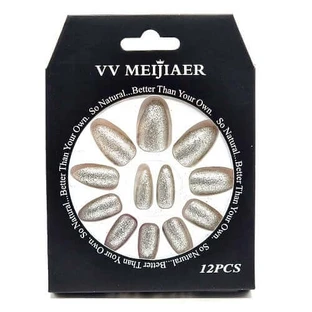 Set of 12 False Nails with Glitter, VV Meijiaer, Silver